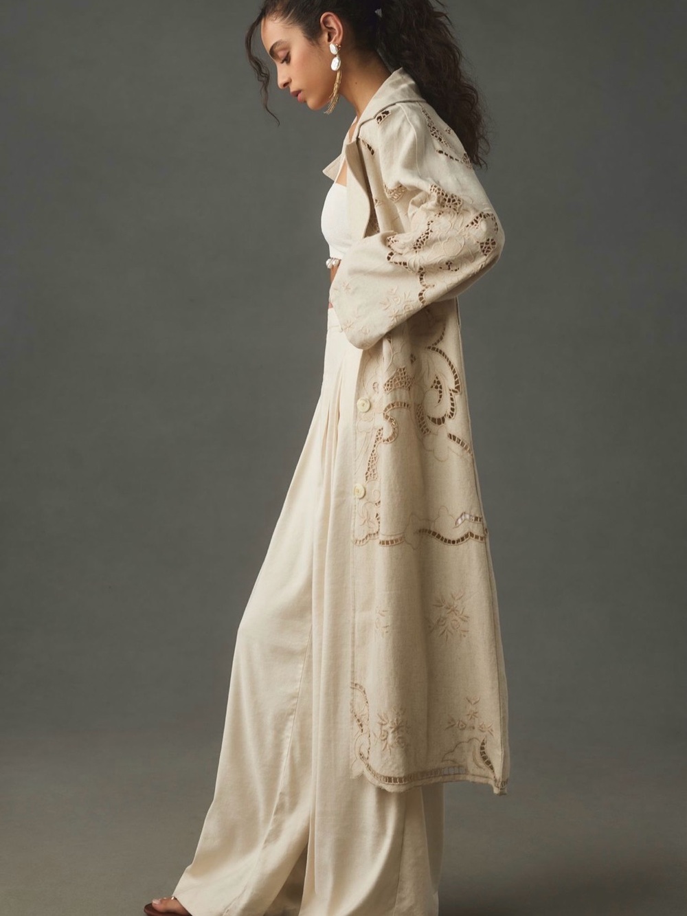Anthropologie Avec Les Filles Cutwork Linen  Trench Coat/Duster Size Large NWT